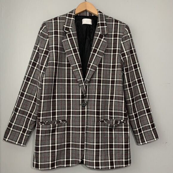 Vintage Womens Size Small Gray Plaid One Button Plaid Blazer Suit Coat Academia - Picture 1 of 8